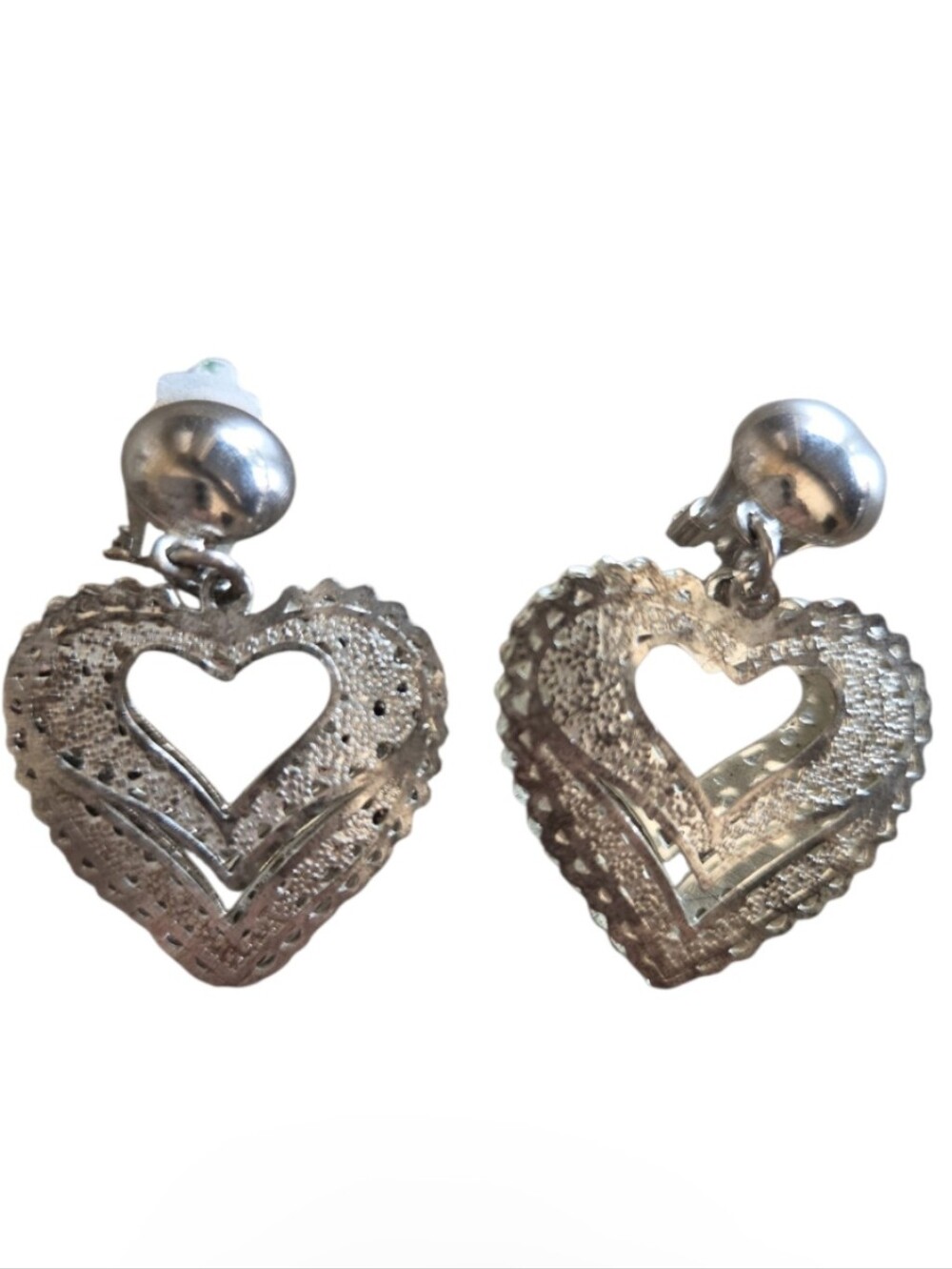 vintage japan filigree puffy heart drop dangle clip on earrings silver tone 1960